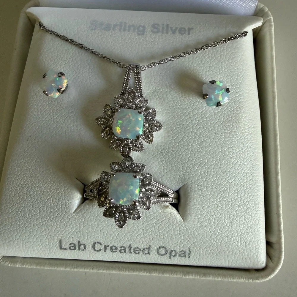 Sterling Silver Lab Created Opal Set - Picture 2 of 2